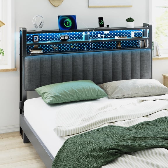 Queen Size Headboard with Storage and LED, Adjustable Upholstered Headboard with 3 Tier Shelves and Pegboard, Modern Bed Headboard with Charging Station for Bedroom Decor, Dark Grey
