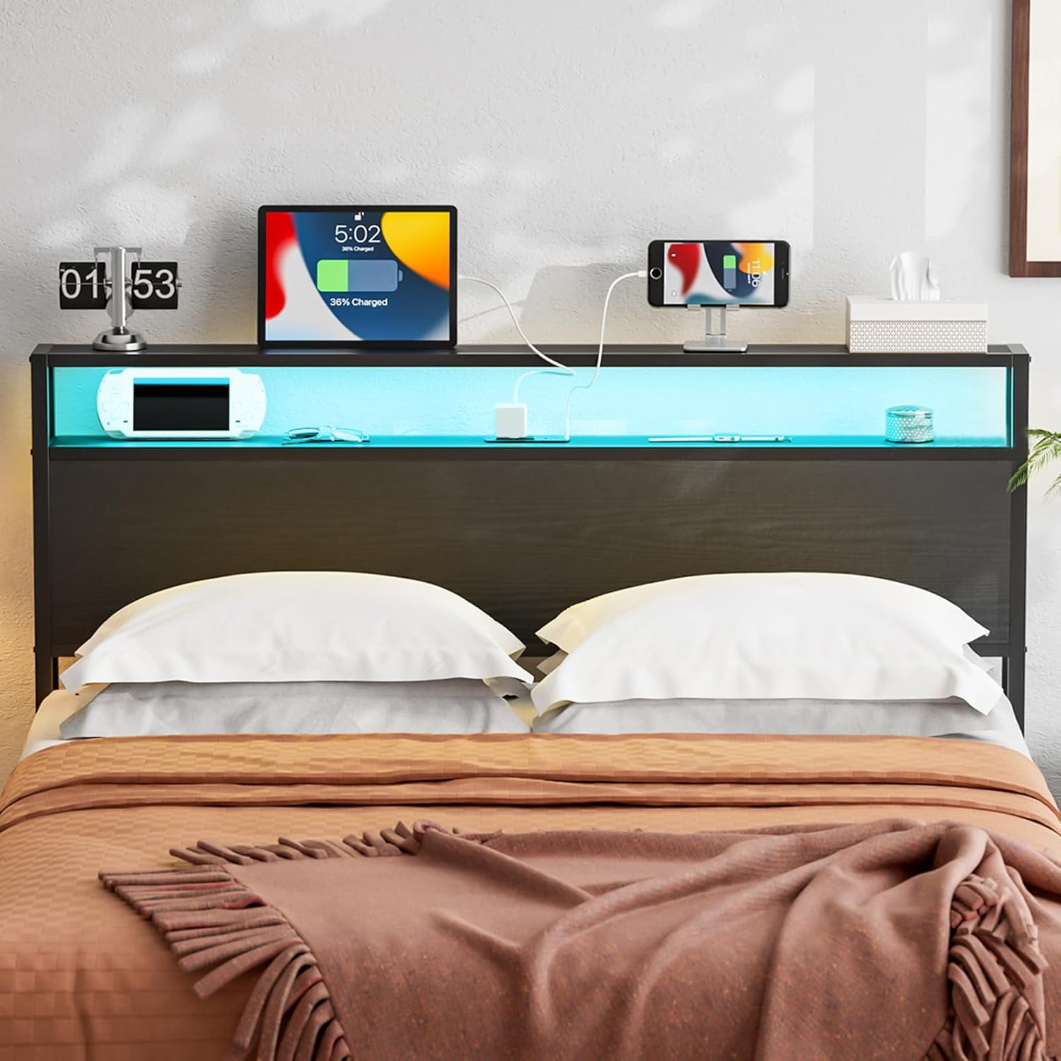 Queen Size Headboard with Storage, LED Lights and Charging Station
