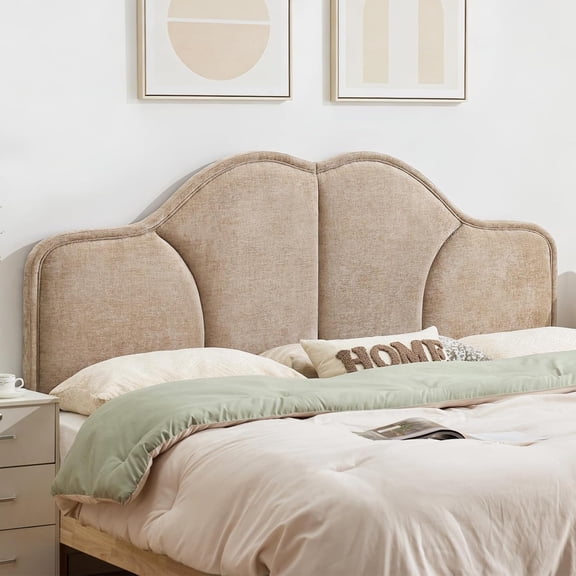 Queen Size Headboard Only Upgraded One-Piece Upholstered Headboard | Adjustable Height&Width, Full Bed Headboards, Modern Curved Chenille Fabric Padded Head Board, Light Brown