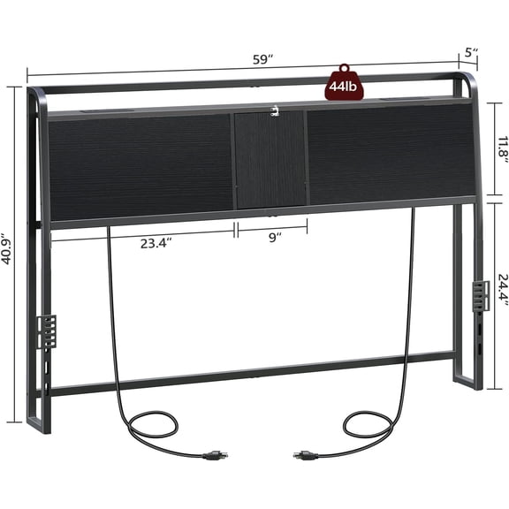 Queen Size Headboard with 2 Power Strips and Hidden Storage, Industrial Black Bed Board with Flip Door and Adapter