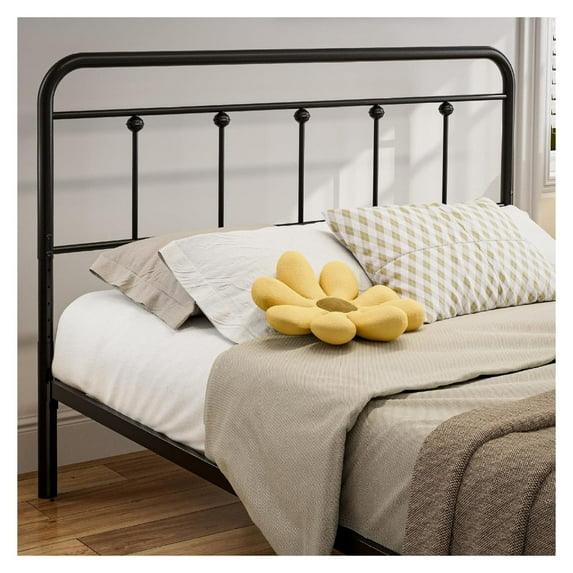Queen Size Headboard with Black Metal Construction, Adjustable Height, Spindle Detail and Curves Design, Farmhouse and Vintage (Queen)