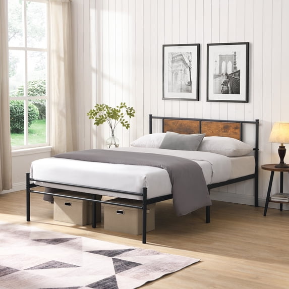 Queen Size Heavy Duty Metal Bed Frame, Platform Bed with Wood Headboard and Under Bed Storage, No Box Spring Needed, Black