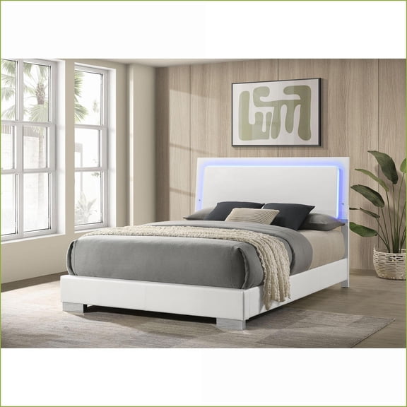 Queen Size High Gloss Wood LED Panel Bed - White Modern Minimalist Bedroom