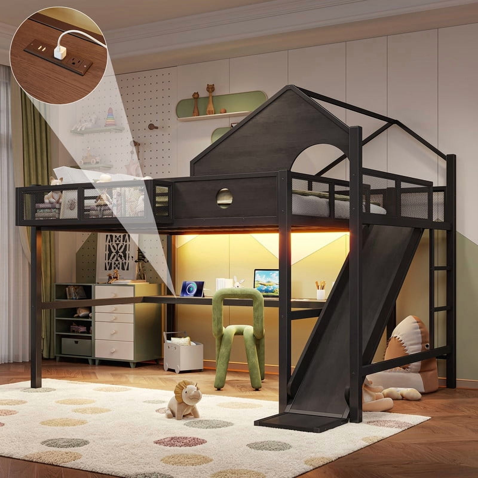 Queen Size House Shaped Kids Loft Bed with Slide, Teens Metal Bed Frame with LED Lights, Desk, Power Outlet & Storage Shelf