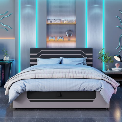 Queen Size Hydraulic Storage Gaming Bed Frame with Esports Design, Cyberpunk Platform Bed for Gamers, Black and Gray