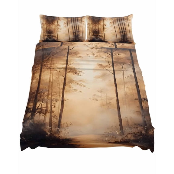 Queen Size Impressionist Style Sheet Sets Abstract Brown Hazy Forest Tree Soft Breathable Microfiber Bed Sheets Deep Pockets 4 Piece Bed Sheets Set, 1 Fitted Sheet, 1 Flat Sheet & 2 Pillowcases