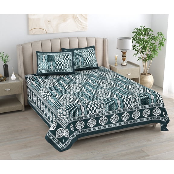 Queen Size Indian Cotton Bedspread Set  Ethnic & Floral Print with Matching Pillow Covers(ACSHCVL_1026_GR)