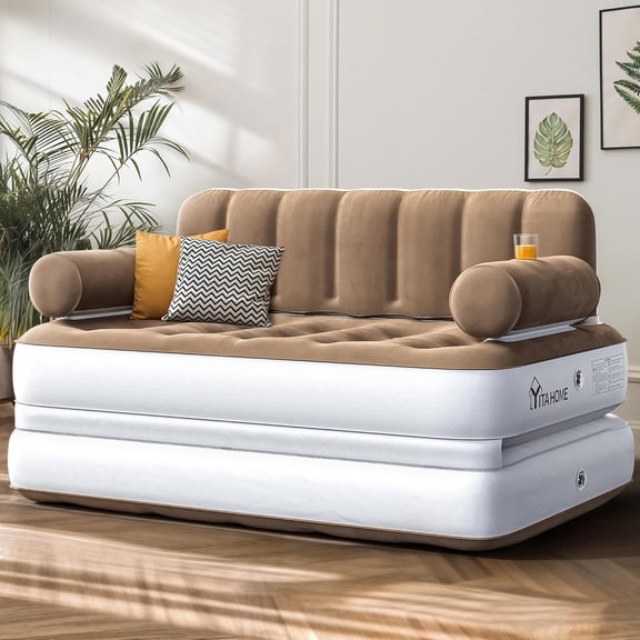 Queen Size Inflatable Sofa Bed with Headboard and Pump, Convertible Blow Up Couch for Home Camping Guests