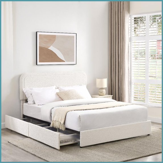 Queen Size Ivory Boucle Upholstered Platform Storage Bed with Patented 2 Drawers - No Box Spring Needed