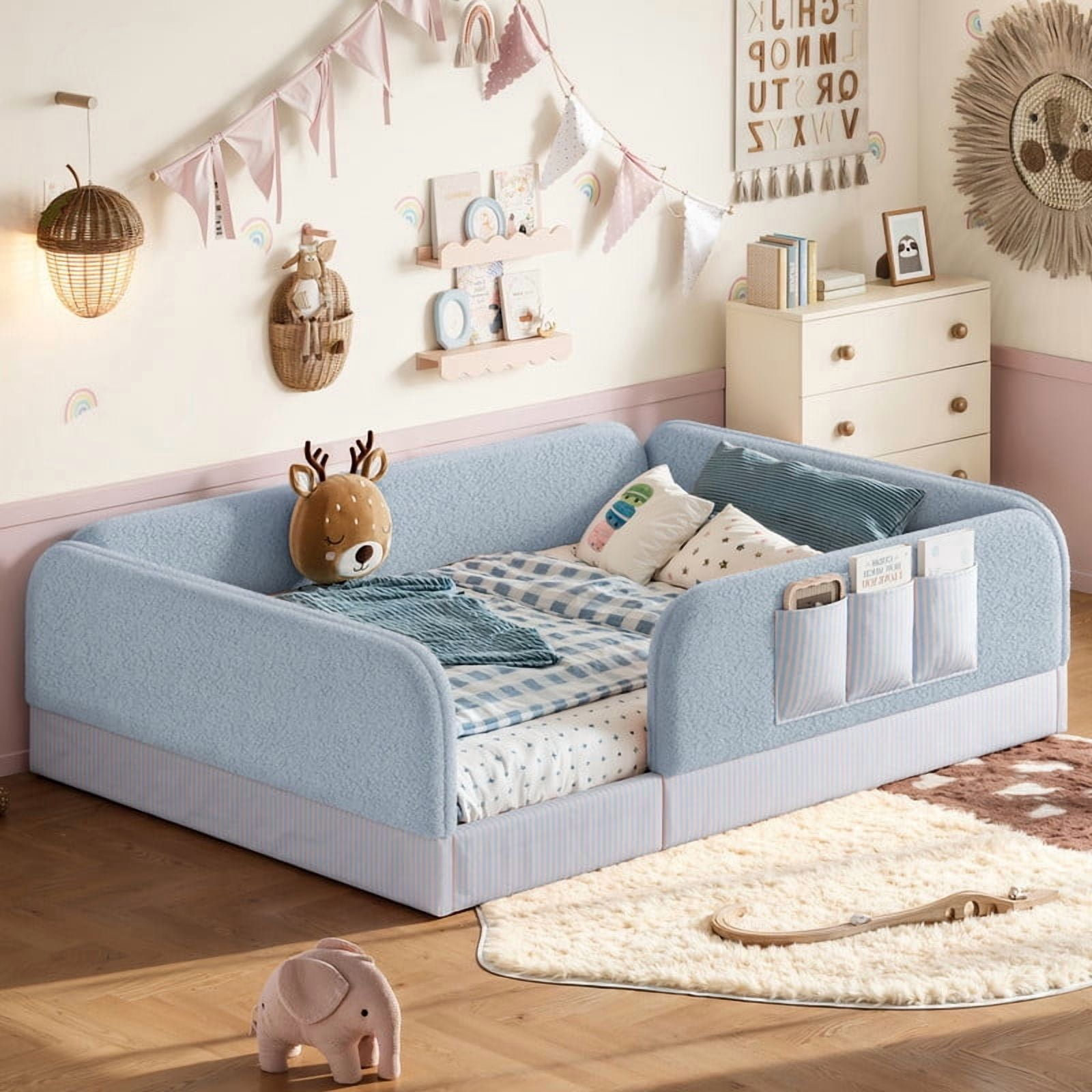 Queen Size Kid's Upholstered Floor Bed Frame, Montessori-Style Low Profile Platform Bed with Safety Guardrail & Storage Pockets