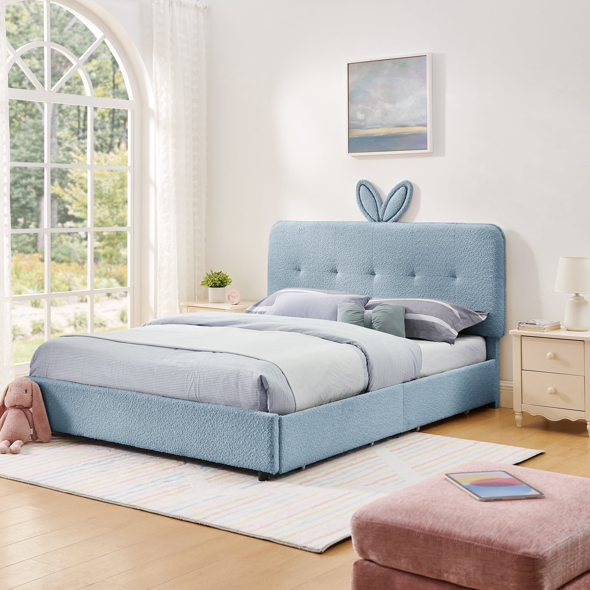 Queen Size Kids Bed with LED Lights and 4 Storage Drawers, Upholstered Boucle Bed Frame with Oversized Rabbit Ear Headboard, Platform Bed for Kids Bedroom, Navy
