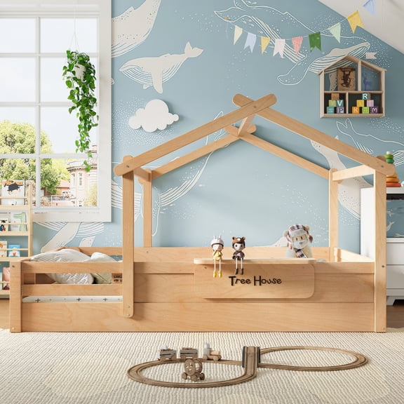 Queen Size Kids House Floor Bed with Roof & Safety Guardrails | Low Profile Play Bed, Built-in Storage Tray & Custom Signboard Included | Easy Assembly Toddler to Teen Bed