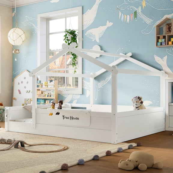 Queen Size Kids House Floor Bed with Roof & Safety Guardrails | Low Profile Play Bed, Built-in Storage Tray & Custom Signboard Included | Easy Assembly Toddler to Teen Bed