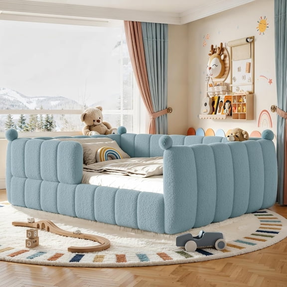 Queen Size Kids Soft Upholstered Montessori Floor Bed, Full Surround Safety Rails, Low to Ground Bed Frame for Boys and Girls, Blue