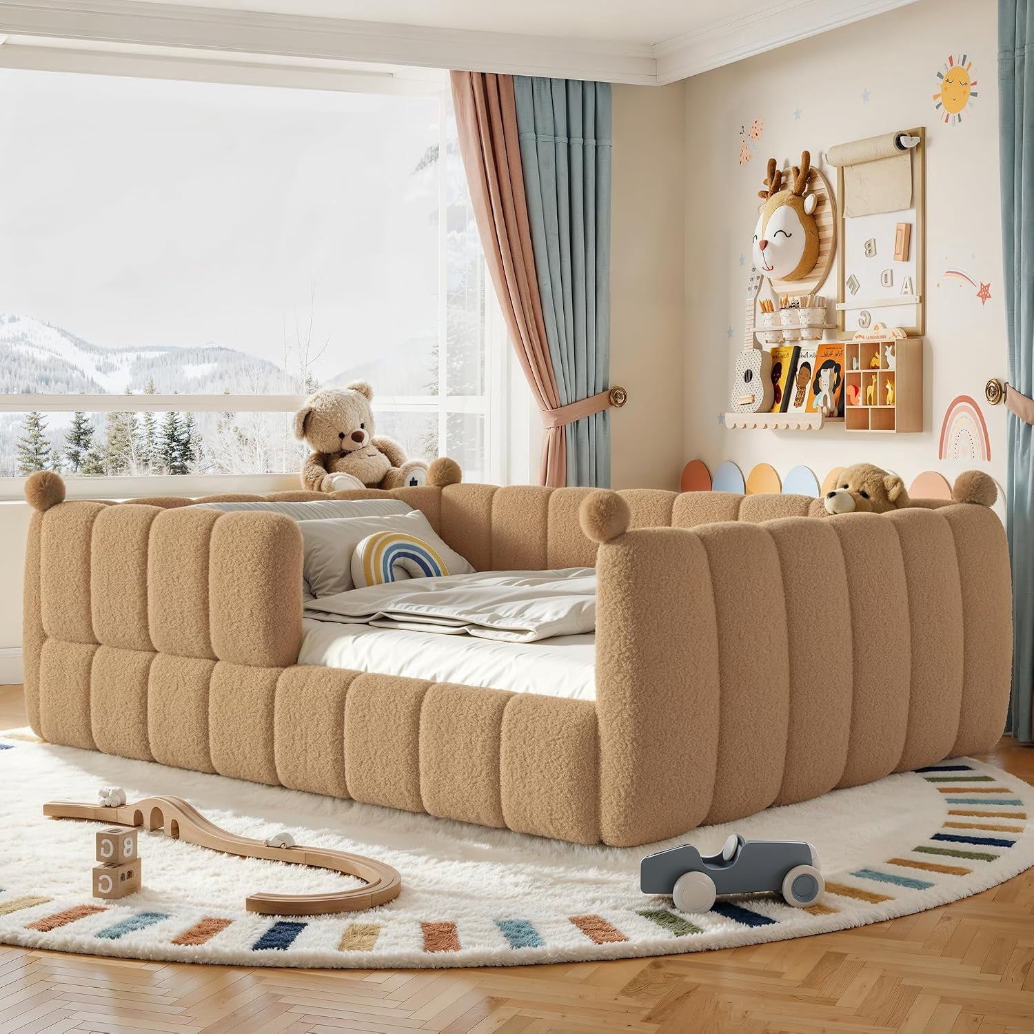 Safety Railing Boots Queen Size Kids Soft Upholstered Montessori Floor Bed, Full Surround ...