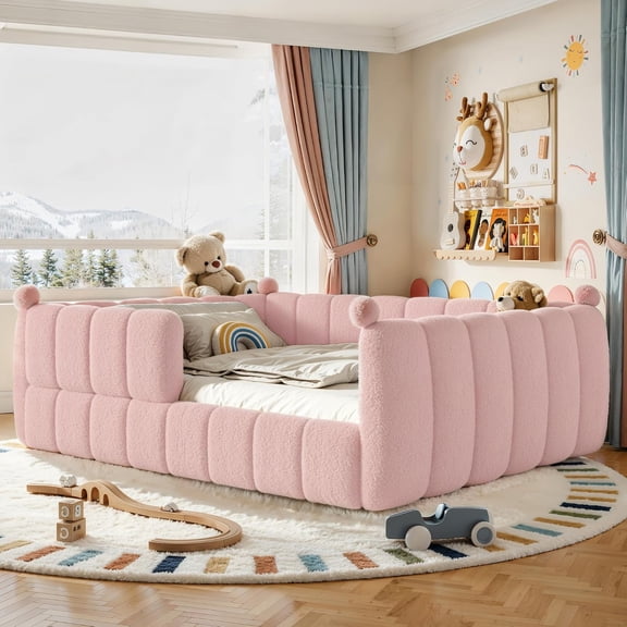 Queen Size Kids Soft Upholstered Montessori Floor Bed, Full Surround Safety Rails, Low to Ground Bed Frame for Boys and Girls, Pink