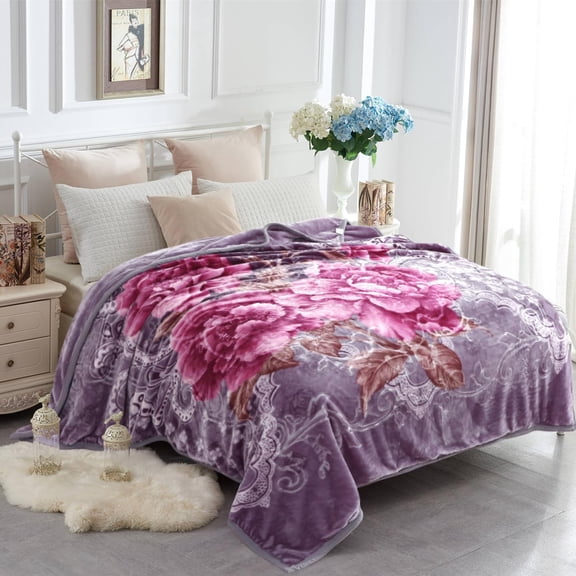 Queen Size Korean Mink Fleece Blanket 5 LB 520GSM Reversible Silky Soft Plush Warm Blanket Light Purple Peony Pattern