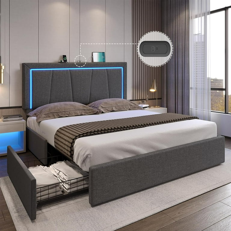 Queen Size LED Bed Frame with 4 Storage Drawers and USB Ports