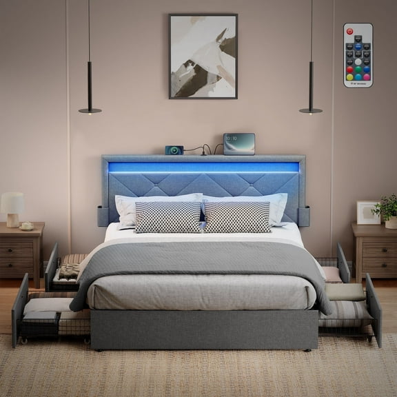 Full Size LED Bed Frame with Headboard and 4 Drawers Storage Adjustable Upholstered Headboard 1 USB Port and 1 Type C PortNo Box Spring Needed Light Grey