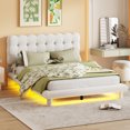 thumbnail image 1 of Queen Size LED Bed Frame, Velvet Upholstered Platform Bed Frame with Button-tufted Headboard, Low Platform Bed with Wooden Slats Support, No Box Spring Needed, Easy Assembly, Beige, 1 of 8