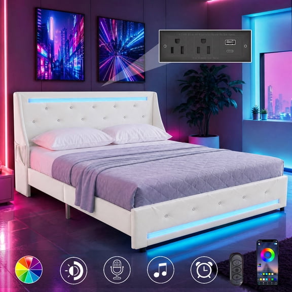 Queen Size LED Bed Frame - White Upholstered Platform Bed with Charging Station