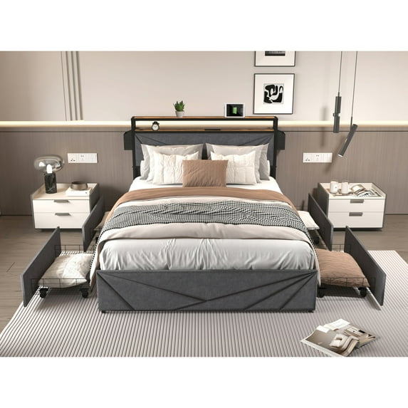 Queen Size LED Bed Frame with 4 Storage Drawers | In Bedroom, Provides Convenient Storage & Smart Lighting