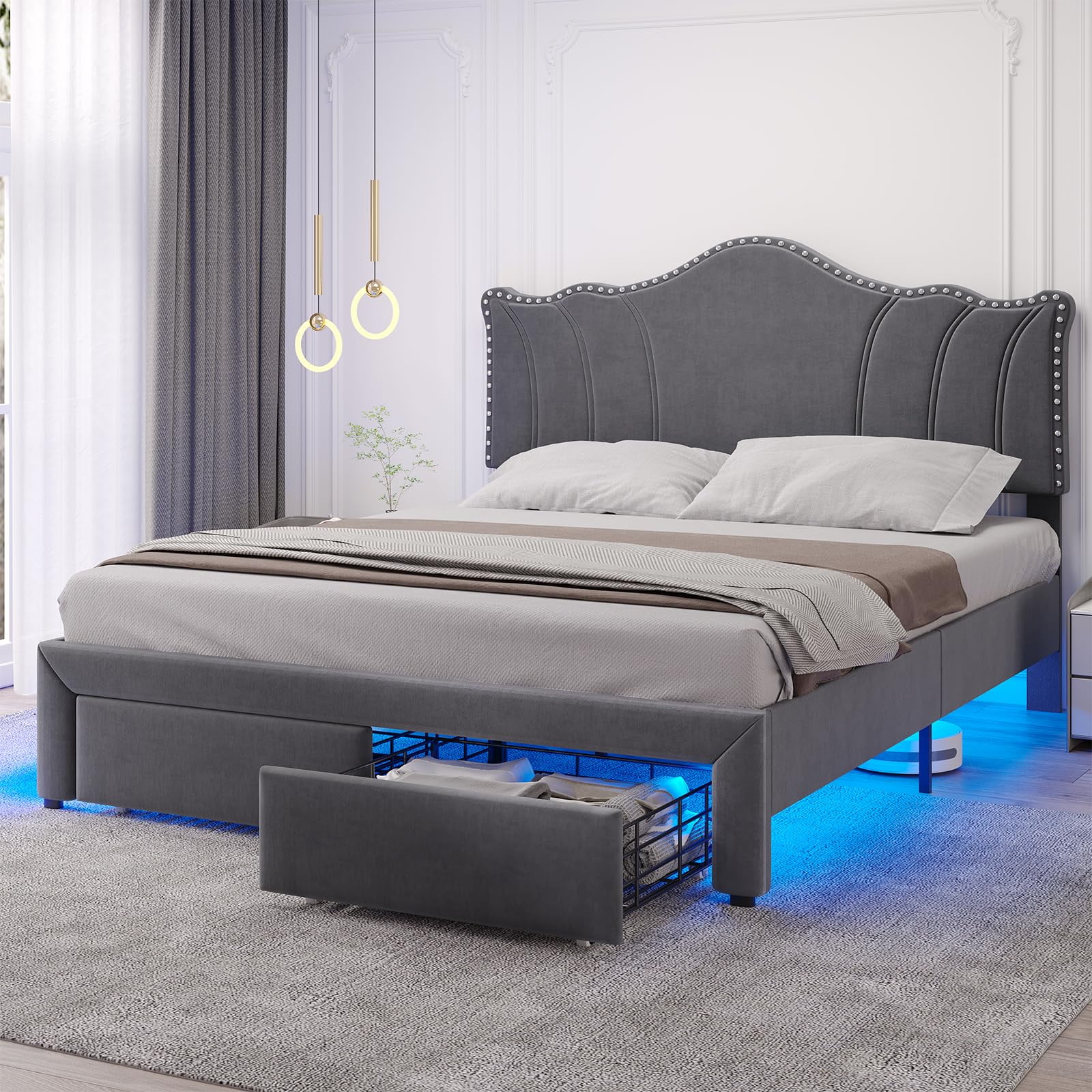 Queen Size LED Bed Frame with Headboard,Upholstered Platform Bed Frame
