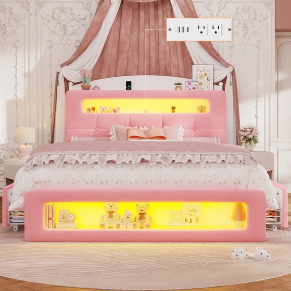 Frhnenha Full Size Bed Frame with Charging Station and LED Lights, Upholstered Platform Bed with 2 Drawers, No Box Spring Needed, Pink