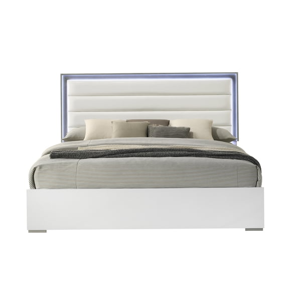 Queen Size LED Bed Frame with Storage, White Faux Leather Upholstered Platform Bed, Modern Bedroom Furniture