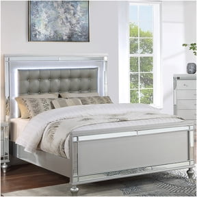 Queen Size LED Bed Frame with Upholstered Headboard, Modern Platform Bed with Mirror Accents and Ambient Lighting for Bedroom