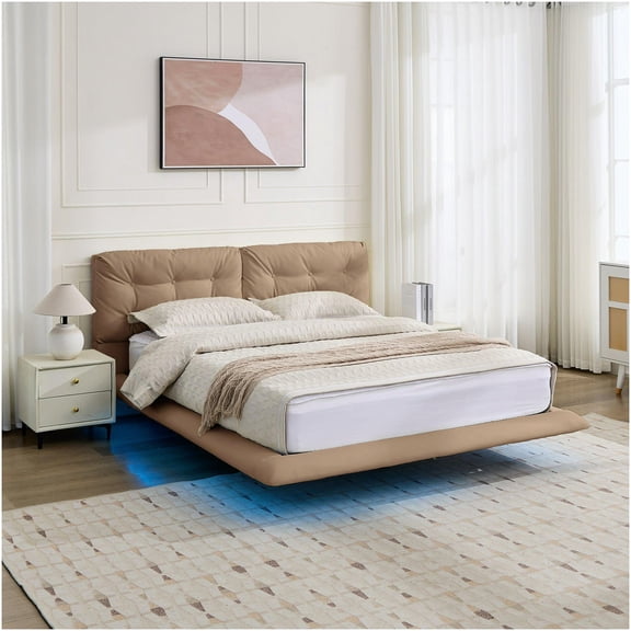 Queen Size LED Bed Frame with Upholstered Headboard, Modern Platform Bed with Remote Control, No Box Spring Needed, Easy Assembly, Khaki