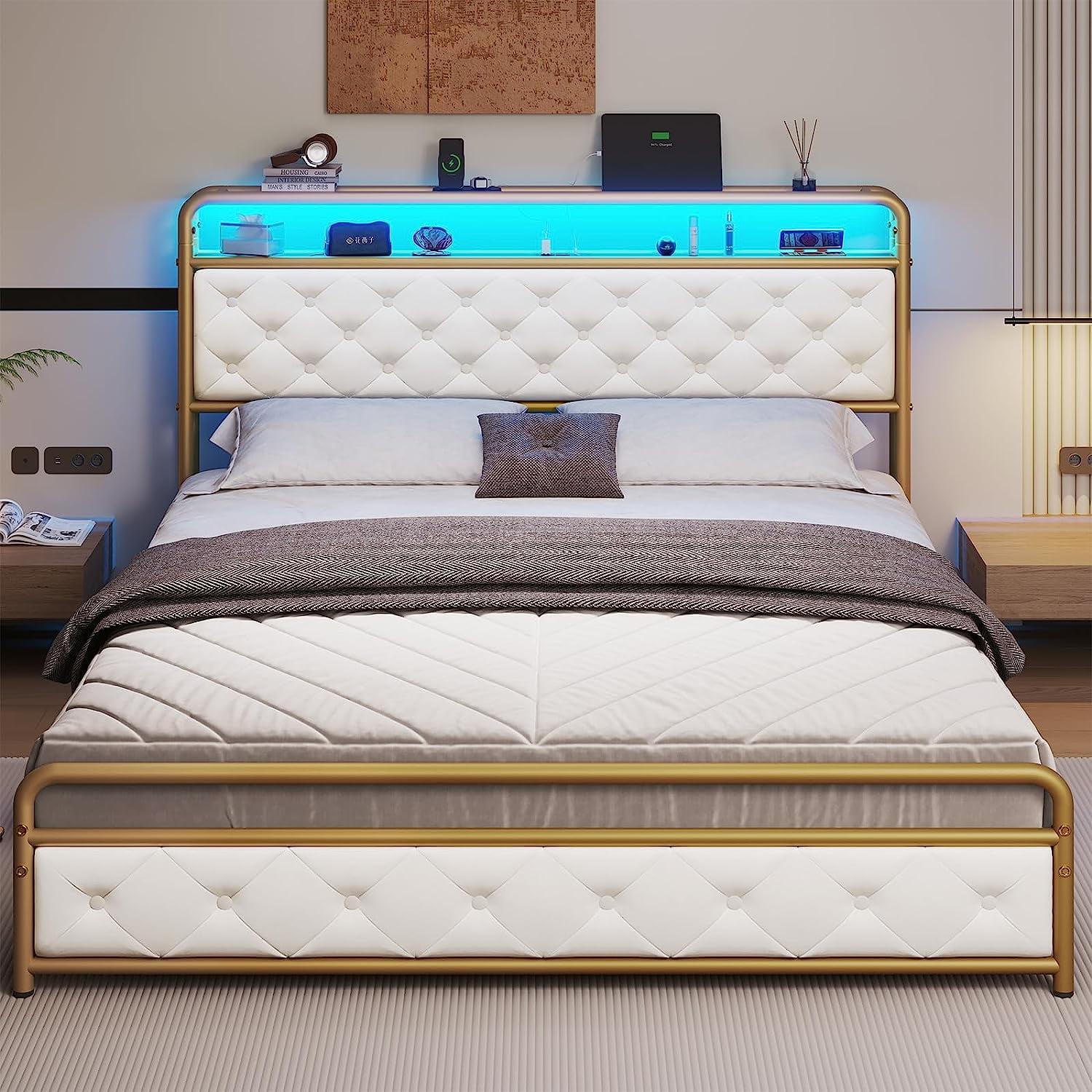 Queen Size LED Bed Frame with Upholstered Headboard, USB Ports