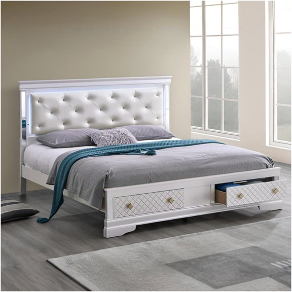 Queen Size LED Bed Frame with Upholstered Headboard and Storage Drawers, White Platform Bed with Modern Mirror Trim