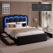 Queen Size Bed Frame with 4 Storage Drawers and LED Lights, Upholstered Platform Bed with Adjustable Chic Double Wavy Headboard, Charging Station, Metal Slats Support, No Box Spring Needed, Black