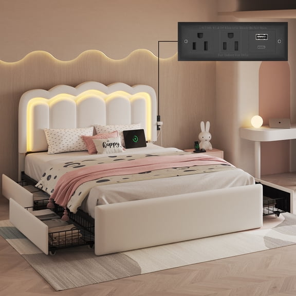 Queen Size Bed Frame with 4 Storage Drawers and LED Lights, Upholstered Platform Bed with Adjustable Chic Double Wavy Headboard, Charging Station, Metal Slats Support, No Box Spring Needed, White