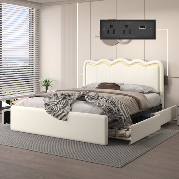 Queen Size Bed Frame with 4 Storage Drawers and LED Lights, Upholstered Platform Bed with Adjustable Chic Double Wavy Headboard, Charging Station, Metal Slats Support, No Box Spring Needed, White