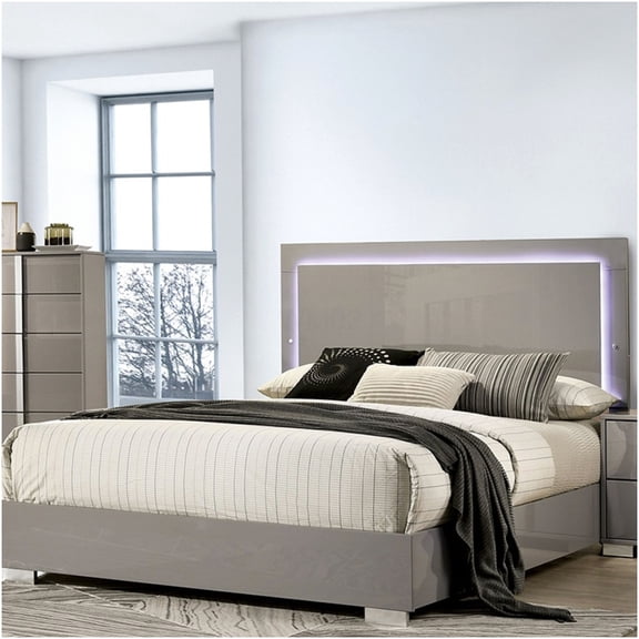 Queen Size LED Headboard Storage Bed Frame, Light Taupe Upholstered Platform Bed with Under Bed Clearance, No Box Spring Needed