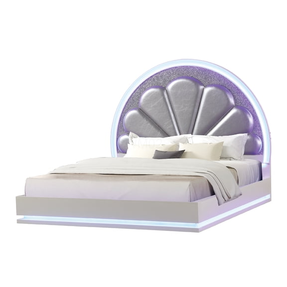 Queen Size LED Platform Bed with Ambient Moon Light Headboard, Upholstered Modern Bed Frame with Built-in Lighting, No Box Spring Needed, White
