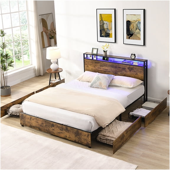 Queen Size LED Platform Bed with USB Charging, 4 Storage Drawers, and RGB Lighting