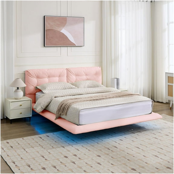 Queen Size LED Platform Bed with Upholstered Headboard, Remote Control Color Changing Lights, Modern Pink Bed Frame, No Box Spring Needed