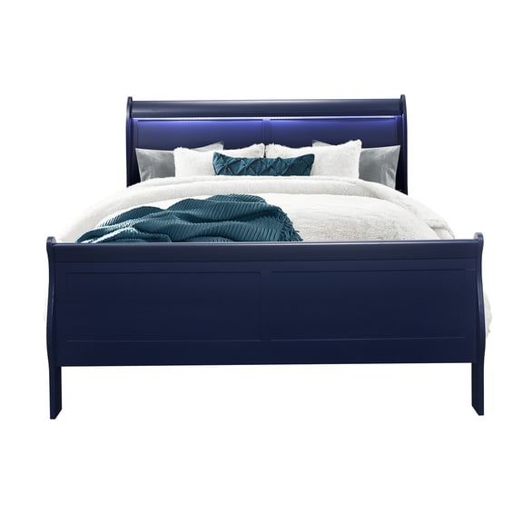 Queen Size LED Sleigh Platform Bed with Storage Headboard, Modern Upholstered Blue Bed Frame with Underbed Space, No Box Spring Needed