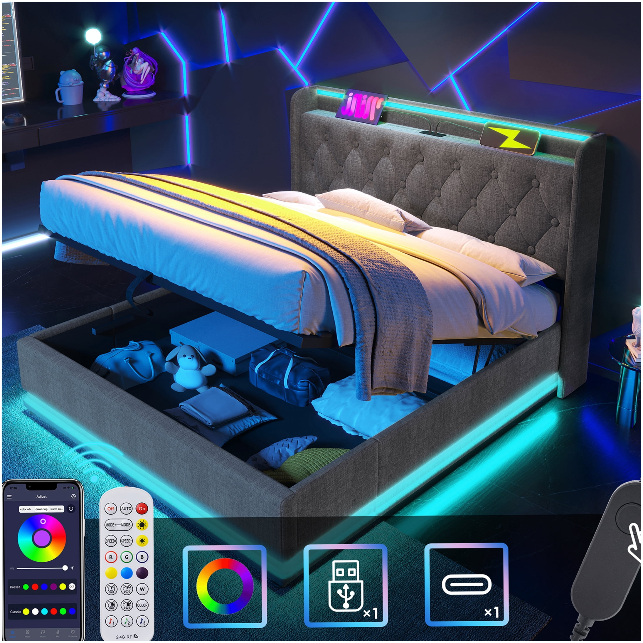 Led Storage System Queen Size LED Storage Bed with USB Charging, Remote Control ...