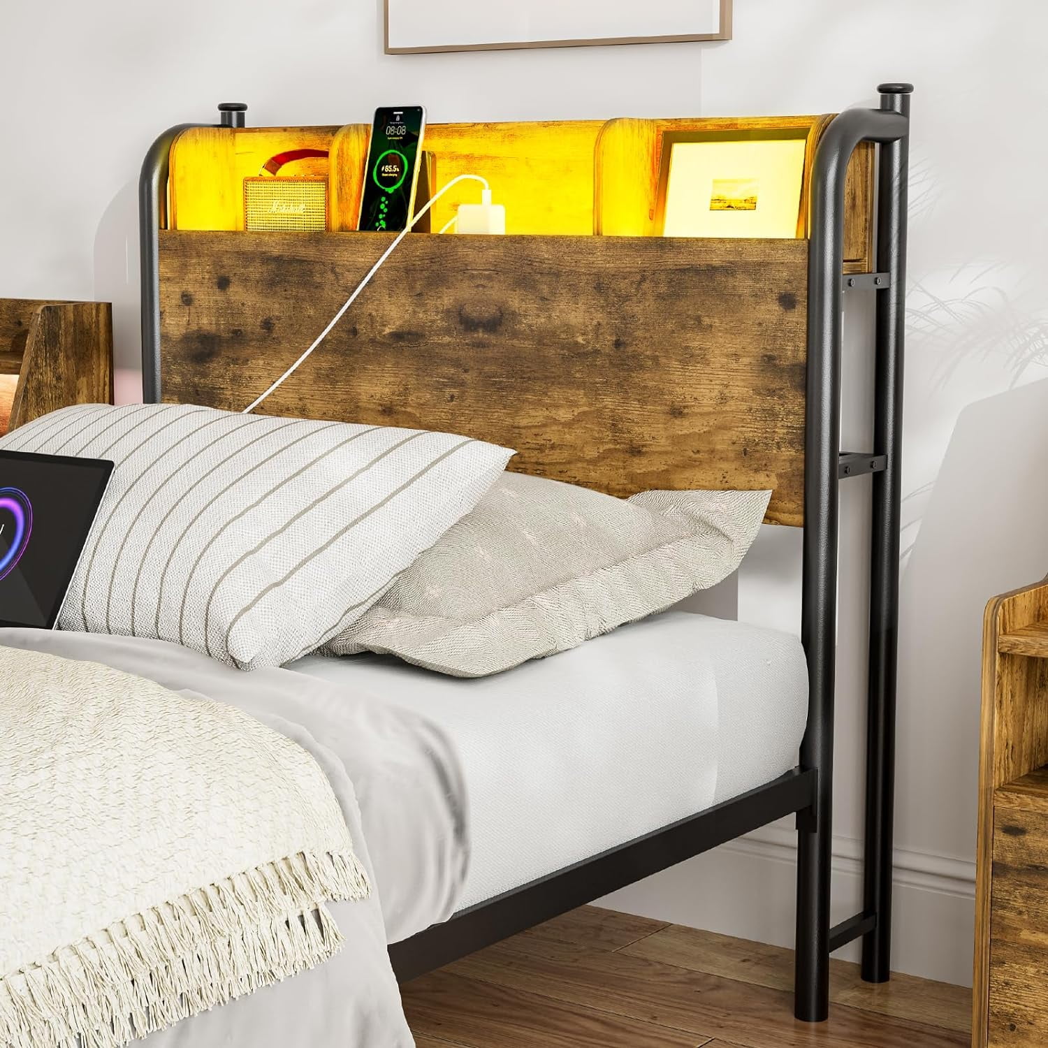 Queen Size LED Storage Headboard, Metal Queen Headboard Only with