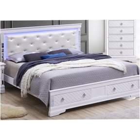 Queen Size LED Upholstered Bed Frame with Storage, Jewel Tufted Platform Bed, No Box Spring Needed, Champagne Silver