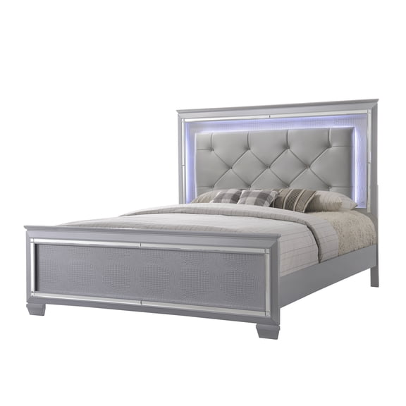 Queen Size LED Upholstered Bed with Beveled Mirror Headboard, Faux Leather Platform Bed Frame, Modern Silver Crocodile Finish Bedroom Set