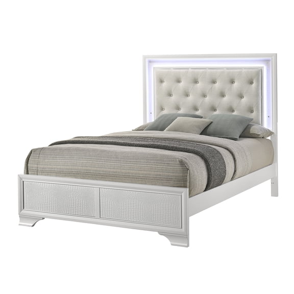 Queen Size LED Upholstered Platform Bed Frame, Modern Tufted Fabric Headboard with Ambient Lighting, White Faux Linen, No Box Spring Needed
