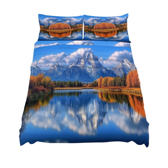 Queen Size Landscape Sky Sheet Sets Modern Forest Lake Maple Snow Mountain Soft Breathable Microfiber Bed Sheets Deep Pockets 4 Piece Bed Sheets Set, 1 Fitted Sheet, 1 Flat Sheet & 2 Pillowcases