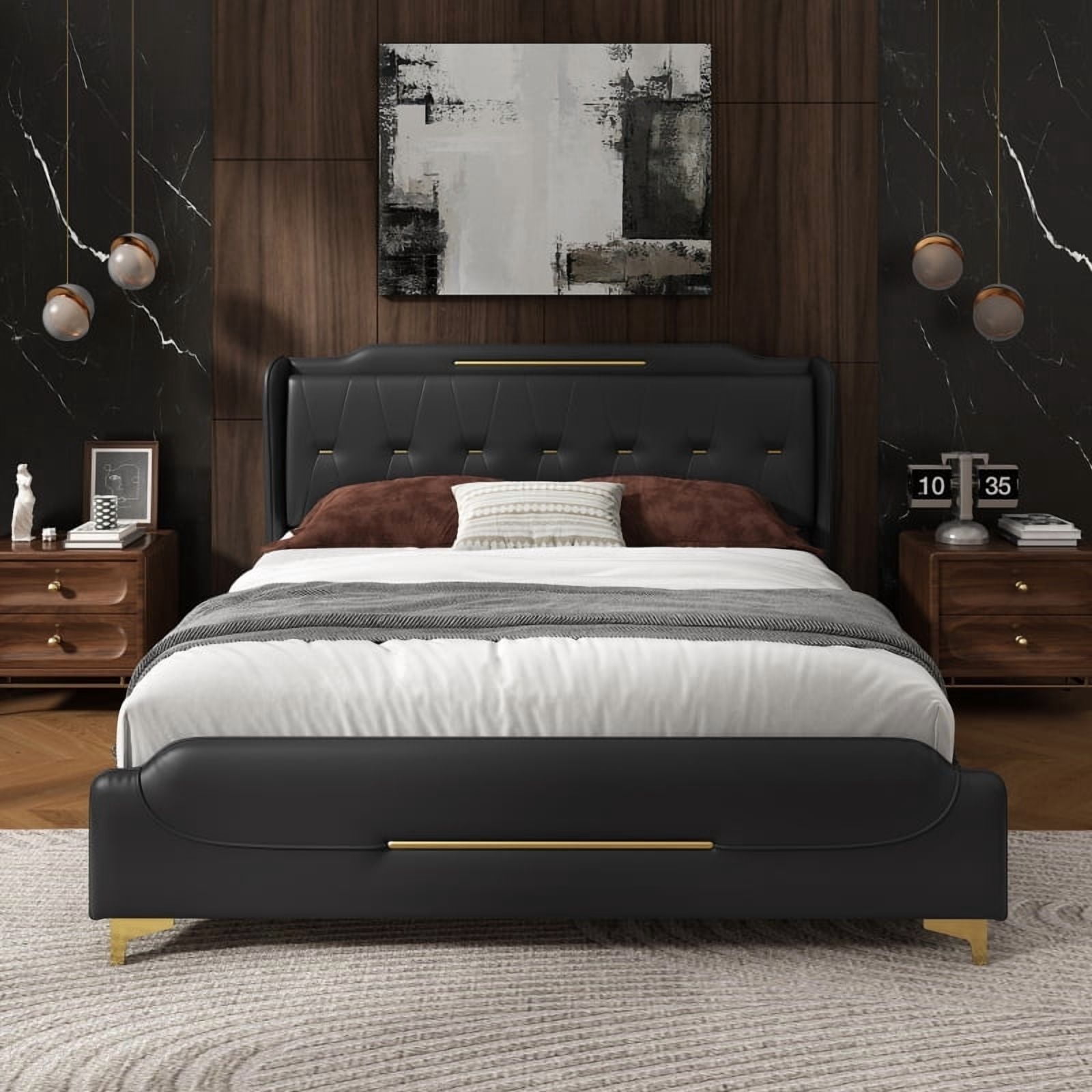 [Luckynote]Queen Size Leather Bed frame with Wingback Headboard & Footboard, PU Upholstered Platform bed, Solid Wooden Slats Support, Easy Assembly