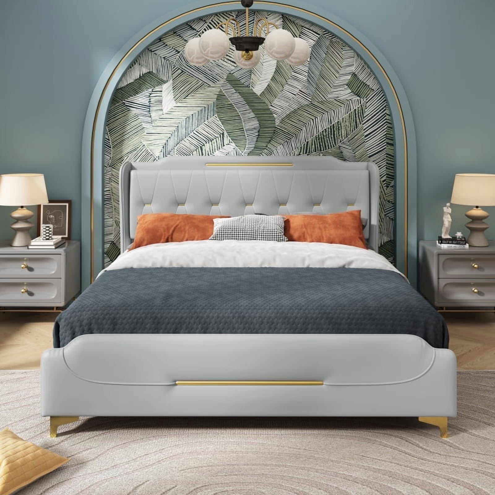 [Luckynote]Queen Size Leather Bed frame with Wingback Headboard & Footboard, PU Upholstered Platform bed, Solid Wooden Slats Support, Easy Assembly