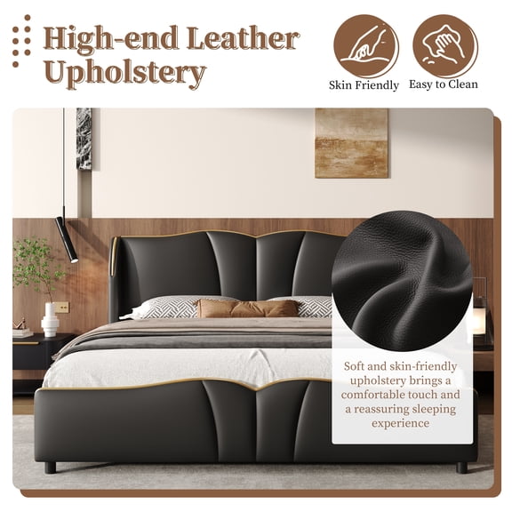 Queen Size Leather Upholstered Bed Frame, Modern Bed Frame with Wingback Head board, Upholstered Platform Bed with Wavy Footboard, No Spring Box Needed, Black